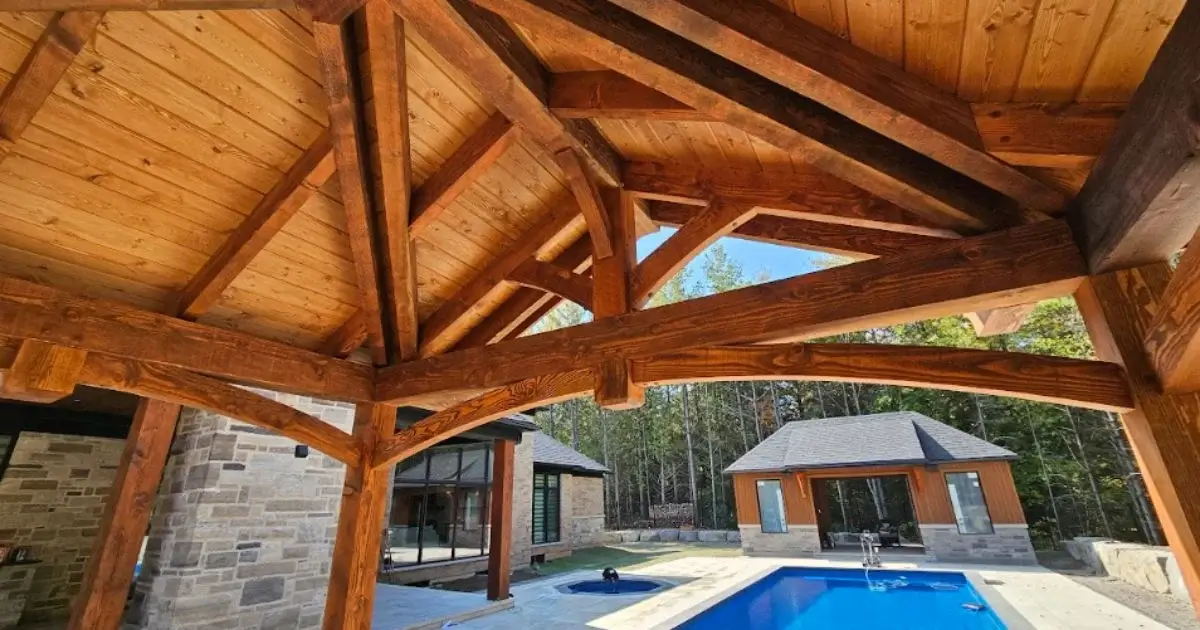 Exposed timber frame roof with premium wood joinery
