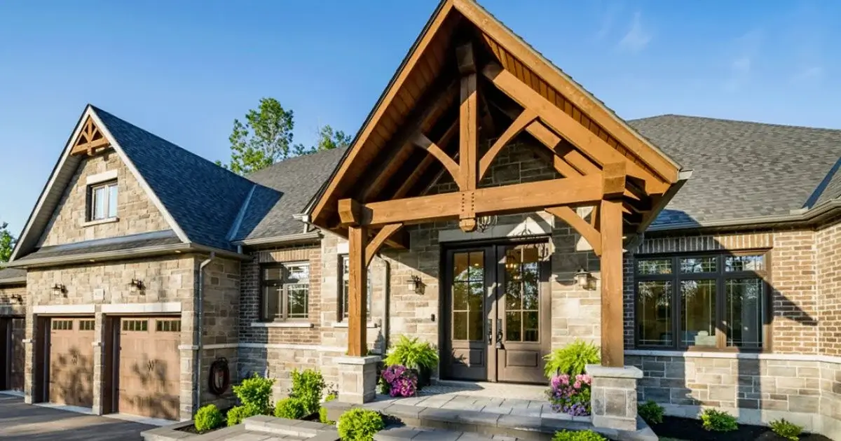 Timber frame front entrance on stone home